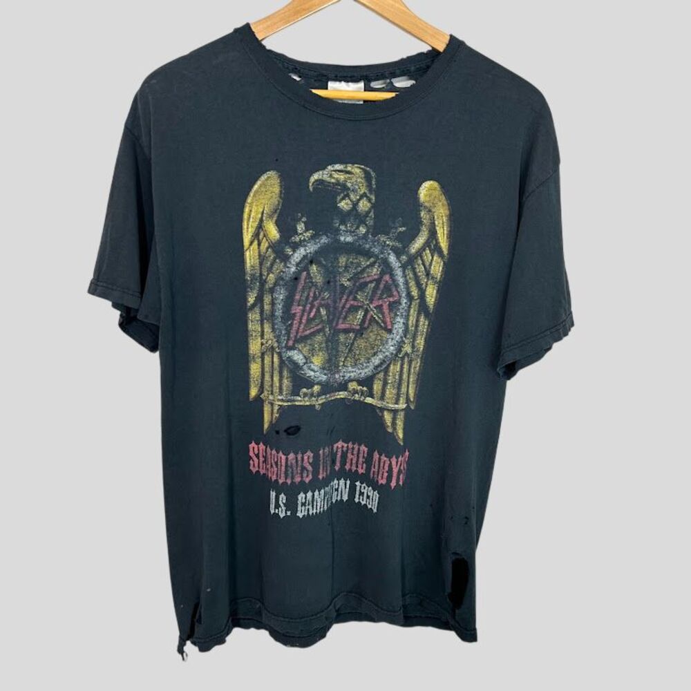 VTG 90s Slayer T Shirt Mens L Seasons in the Abyss US Tour Distressed Faded